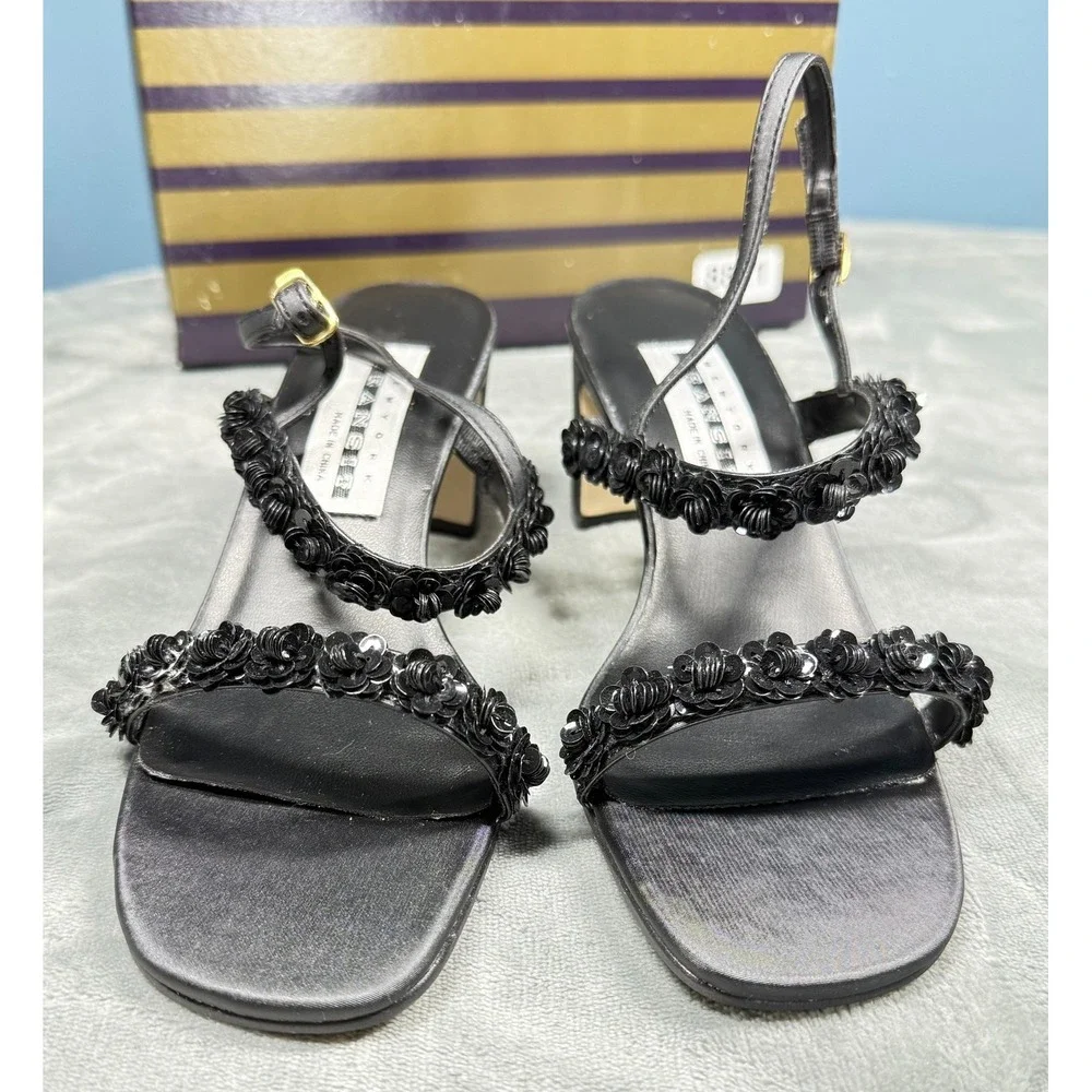 Transit New York Womens 7M Black Sequin Floral Sandals Block Heel
